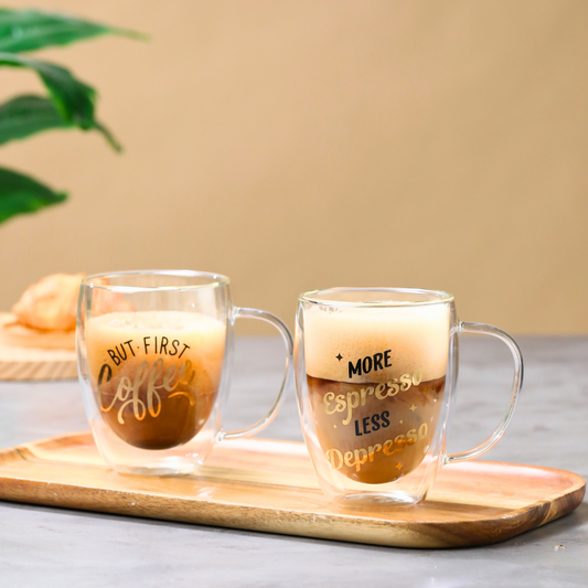 Double Wall Glass Mugs with Handle – "But First Coffee" & "More Espresso Less Depresso" Print – 350ml Heat-Resistant Insulated Cups – Set of 2 for Coffee, Tea, Hot & Cold Beverages