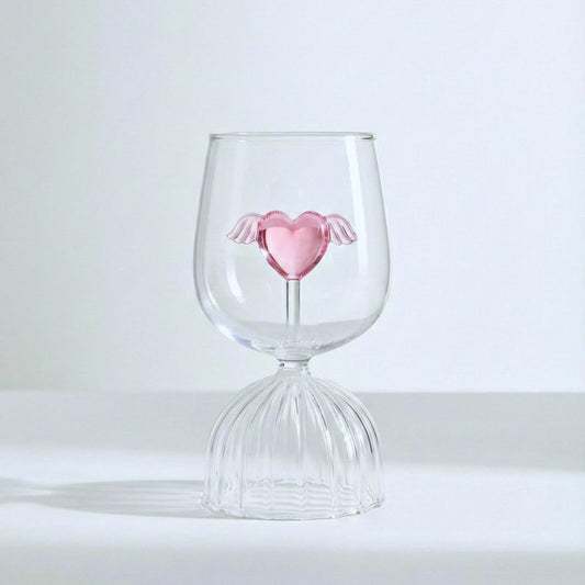 Pink Love Wings Glass Cup & Goblet, 350ML Decorative Borosilicate Wine Glass with Heart & Wings Design, Romantic Drinkware for Valentine’s Day, Parties & Gifting (1 Piece)