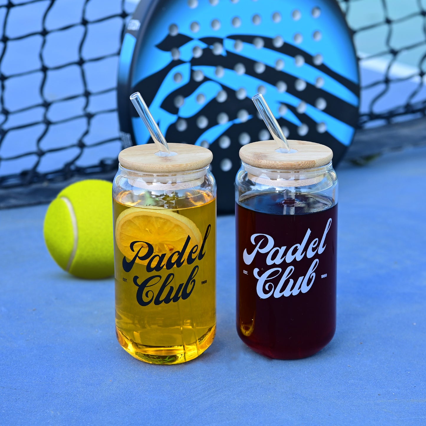 1CHASE Padel Club Sipper Glasses With Bamboo Lid & Glass Straw, 550ML (Set of 2) | Mason Jar Can-Shaped Tumblers | Printed Padel Club Sipper for Juice, Coffee, Iced Tea & Smoothies