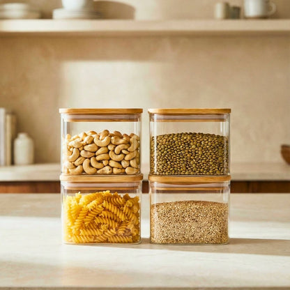Rectangle Glass Storage Containers with Bamboo Lids – Set of 4, 900ml Borosilicate Glass Jars for Pantry Storage, Airtight Food Containers for Sugar, Coffee, Pasta, Tea, Candy & Nuts