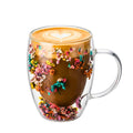 Double Wall Flower Glass Coffee Cups with Handle 350ML