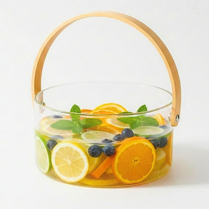 Multipurpose Borosilicate Glass Bowl with Wooden Handle, 2500ML Heat Resistant Fruit & Vegetable Basket, Kitchen Storage Bowl, Dining Table Decor & Ice Bucket