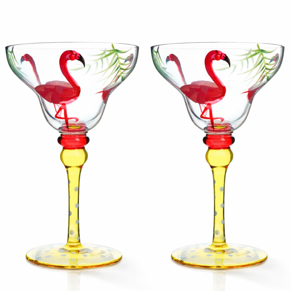 Hand Painted Margarita Glasses Moroccan Collection, Flamingo Design 270ML Set of 2, Artisan Decorative Cocktail Glassware, Unique Kitchen Table Décor Glasses