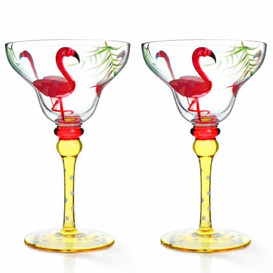 Hand Painted Margarita Glasses Moroccan Collection, Flamingo Design 270ML Set of 2, Artisan Decorative Cocktail Glassware, Unique Kitchen Table Décor Glasses