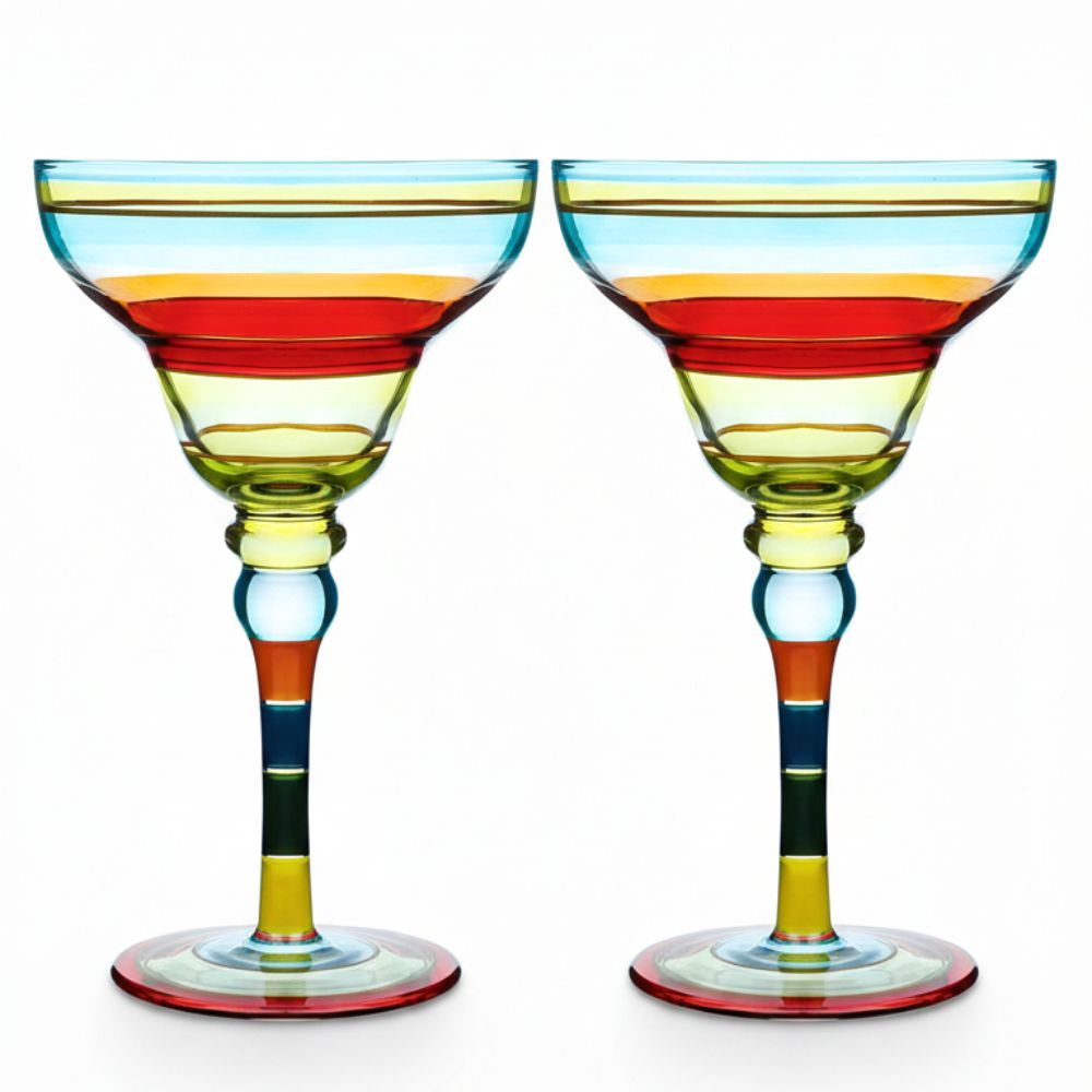 Hand Painted Margarita Glasses Moroccan Collection, 270ML Set of 2, Artisan Decorative Glassware with Blue Lines, Unique Cocktail & Margarita Glasses for Kitchen Table Décor