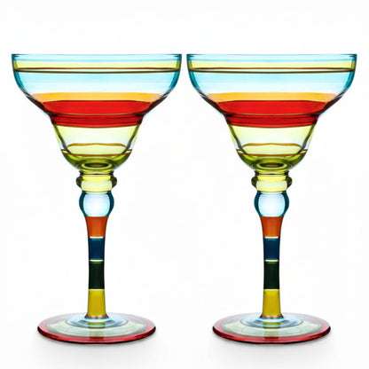 Hand Painted Margarita Glasses Moroccan Collection, 270ML Set of 2, Artisan Decorative Glassware with Blue Lines, Unique Cocktail & Margarita Glasses for Kitchen Table Décor
