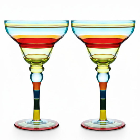 Hand Painted Margarita Glasses Moroccan Collection, 270ML Set of 2, Artisan Decorative Glassware with Blue Lines, Unique Cocktail & Margarita Glasses for Kitchen Table Décor