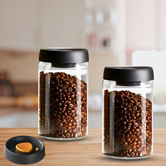 Vacuum Sealed Borosilicate Glass Jars – 1200ML Airtight Food Storage Containers for Coffee, Tea, Nuts, Grains &amp; Snacks (Set of 2)