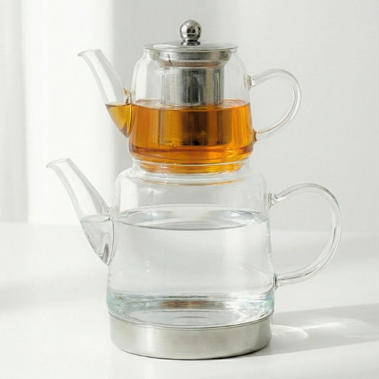 Borosilicate Glass Turkish Tea Maker Set (Çaydanlık), 450ML Teapot & 1500ML Kettle, Heat-Resistant Tea Set for Gas & Electric Stove, Traditional Caydanlik