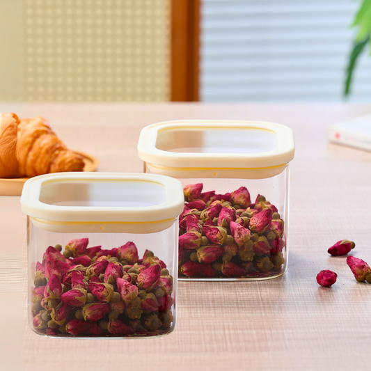 1CHASE Square Glass Storage Jars – 900ML (Set Of 2) | Airtight & Stackable Borosilicate Food Storage Jars with Silicone Lids for Kitchen, Pantry, Snacks, Spices & Dry Food