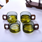 Smoky Grey Borosilicate Glass Cups with Wooden Handle 200ML – Set of 4