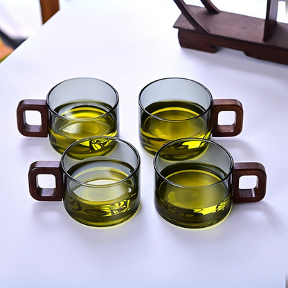 Borosilicate Glass Cups – Smoky Grey (Set of 4) | 200ml | Walnut Acacia Wooden Handle | Heat-Resistant & Elegant Glassware for Tea, Coffee & More