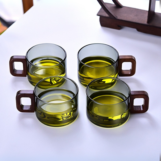 Borosilicate Glass Cups – Smoky Grey (Set of 4) | 200ml | Walnut Acacia Wooden Handle | Heat-Resistant & Elegant Glassware for Tea, Coffee & More