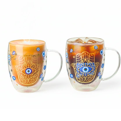 Evil Eye Double Wall Glass Coffee Mugs – 350ml, Set of 2 | Insulated Heat-Resistant Cups for Hot & Cold Beverages