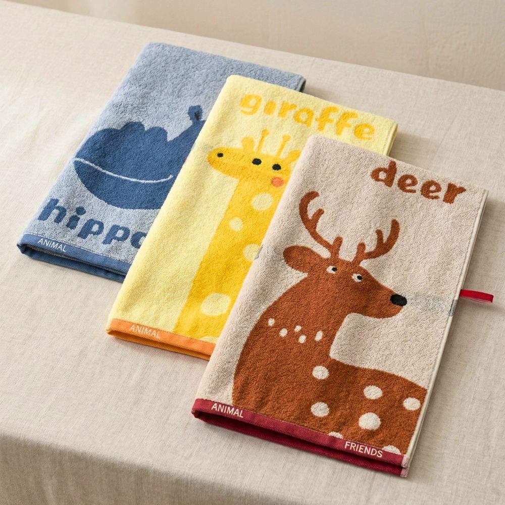 Kids Hand Towel Set 3PCS – 100% Cotton Soft & Absorbent Face Towels, Hippo Giraffe Deer Animal Design Towels for Kids, Baby & Daily Use