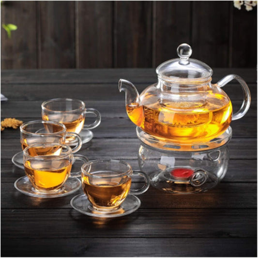 Glass Tea Set - Glass Teapot With Round Tea Warmer and 100 ML 4 Tea Cups With Saucer