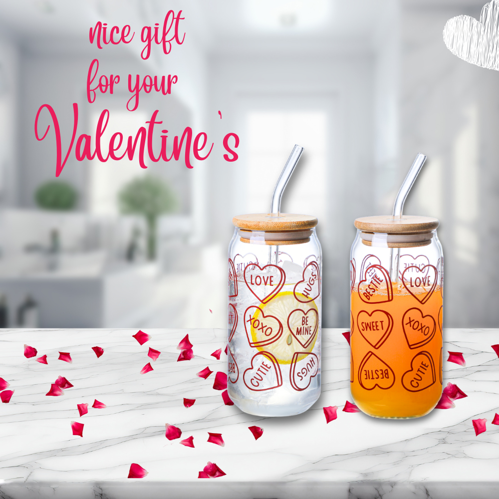 Valentine's Day Themed Drinking Glasses with Bamboo Lids – 550ml Set of 2 | Perfect Gift for Couples | Valentine's Gift Glass