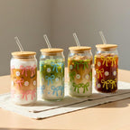 450ML Sipper Glass with Bow Print Set of 4, Mason Jar with Bamboo Lids & Glass Straws
