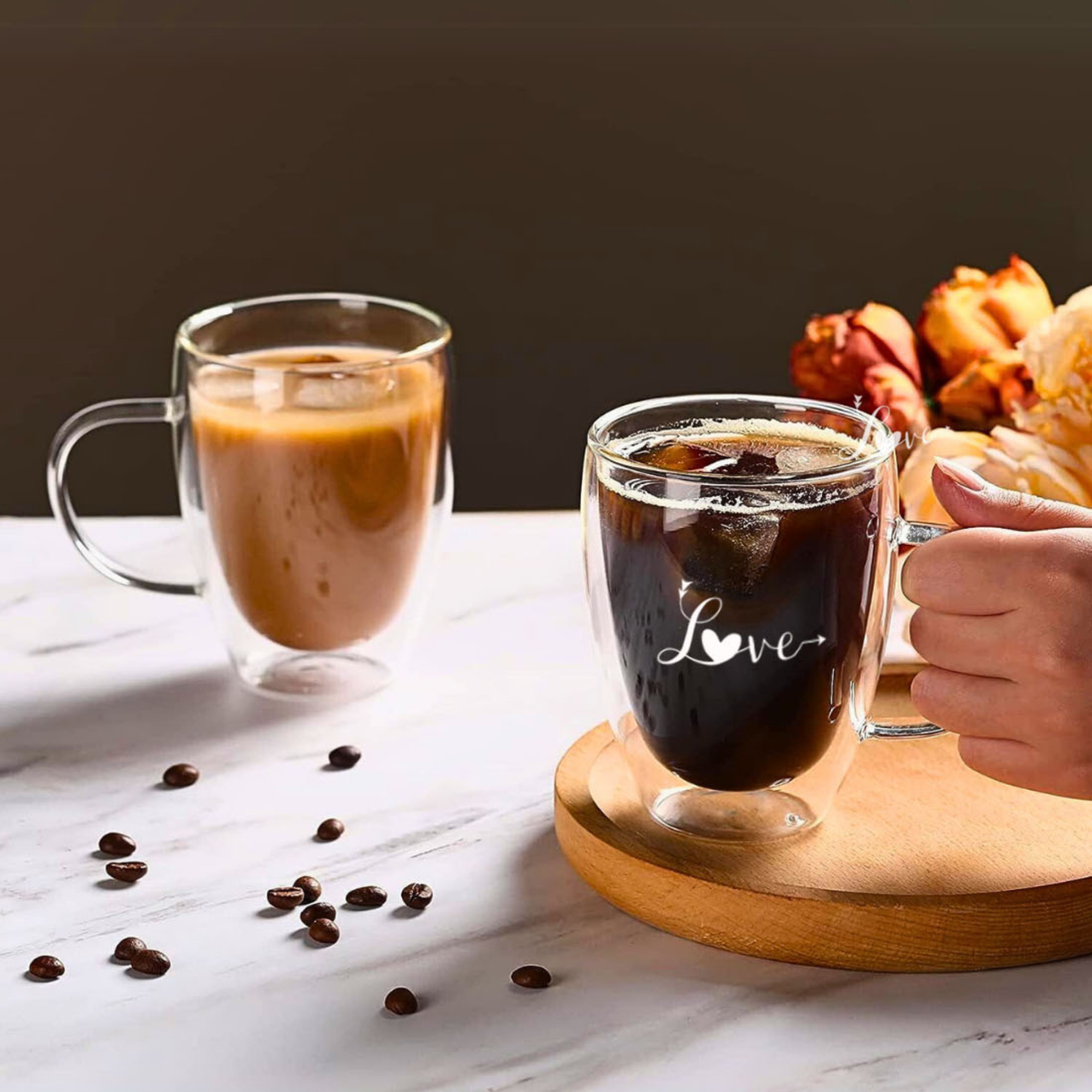 Romantic Borosilicate Double Wall Glass Mugs with Handle, 350ml - Love Print Design, Set of 2 - Perfect for Valentine's Day Gifting, Couples, Anniversaries & Special Occasions