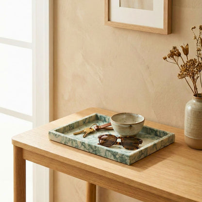 Green Marble Stone Decorative Tray 30x20CM Rectangular Vanity Organizer, Luxury Jewellery & Bathroom Counter Tray, Kitchen & Dining Table Décor