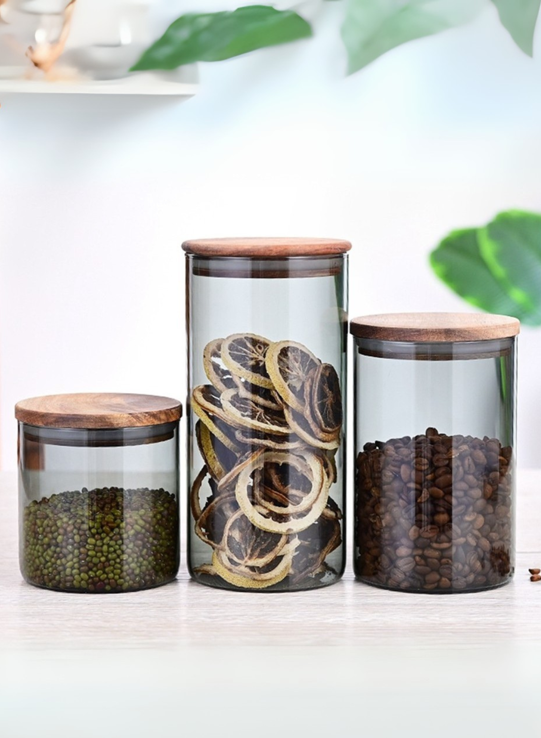 1Chase Borosilicate Glass Storage Jar Smoky Grey - (Set of 3) | Airtight Food Container with Acacia Wooden Lid | Durable & Stylish Kitchen Storage 600ML, 900ML, 1300ML