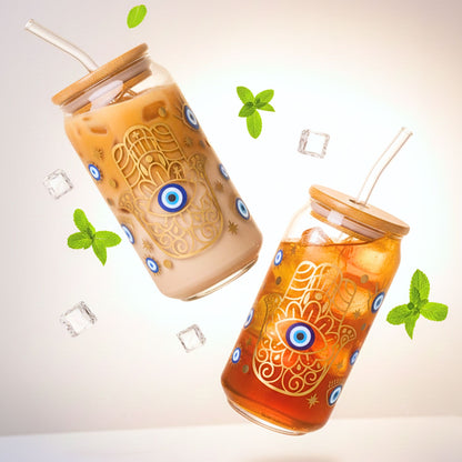1CHASE Evil Eye Borosilicate Sipper Glasses – Set of 2, 550ML Can-Shaped Glasses with Bamboo Lids & Glass Straws
