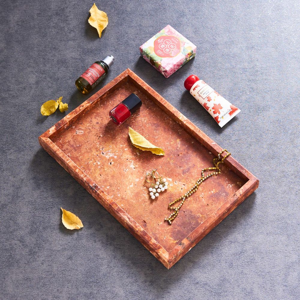 Travertine Burgundy Large Rectangular Marble Tray, Natural Stone Bathroom Vanity Tray, Jewellery & Perfume Organizer, Decorative Countertop Tray, 30x20x3cm