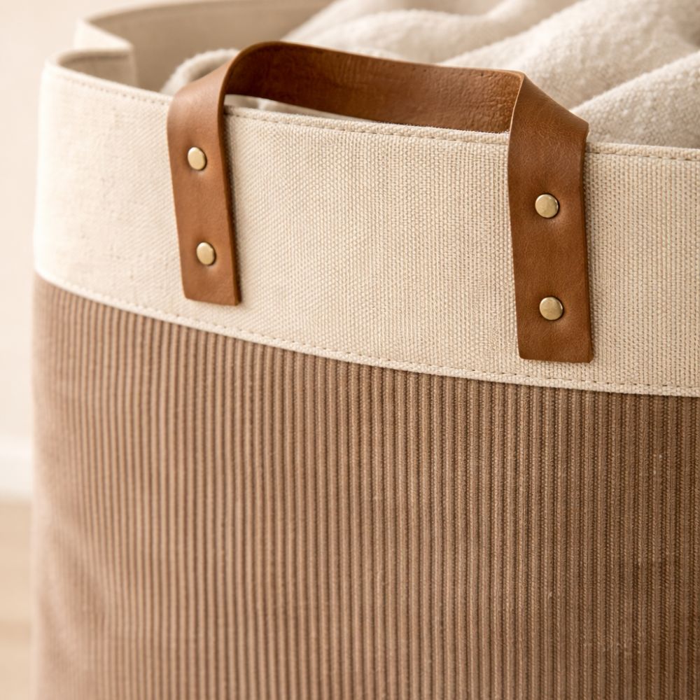 Foldable Velvet Laundry Basket 60L (55x35x30cm) with Leather Handles – Natural Jute Style Storage Bin for Clothes, Blankets & Home Organization