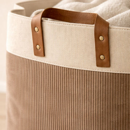 Foldable Velvet Laundry Basket 60L (55x35x30cm) with Leather Handles – Natural Jute Style Storage Bin for Clothes, Blankets & Home Organization