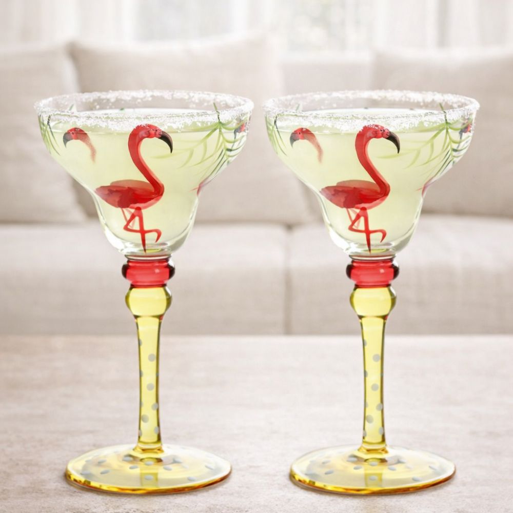 Hand Painted Margarita Glasses Moroccan Collection, Flamingo Design 270ML Set of 2, Artisan Decorative Cocktail Glassware, Unique Kitchen Table Décor Glasses