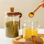 Glass Storage Jar with Acacia Wooden Lid & Spoon – Airtight Food Container for Coffee, Tea, Sugar, Spices & Dry Foods – 400ml / 600ml / 800ml Kitchen Canister