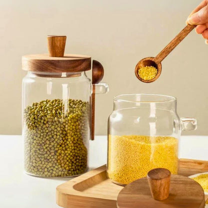 Glass Storage Jar with Acacia Wooden Lid & Spoon – Airtight Food Container for Coffee, Tea, Sugar, Spices & Dry Foods – 400ml / 600ml / 800ml Kitchen Canister