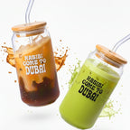 1CHASE “Habibi Come to Dubai” Borosilicate Sipper Glasses – Set of 2, 550ML Can-Shaped Glasses with Bamboo Lids & Glass Straws