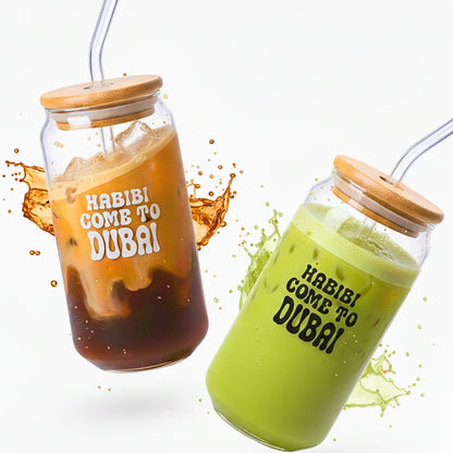 1CHASE “Habibi Come to Dubai” Borosilicate Sipper Glasses – Set of 2, 550ML Can-Shaped Glasses with Bamboo Lids & Glass Straws