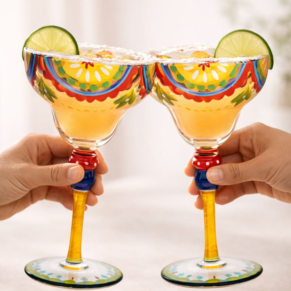 Hand Painted Margarita Glasses Moroccan Collection, Orange Blossom Design 270ML Set of 2, Artisan Decorative Cocktail Glassware, Unique Kitchen Table Décor Glasses