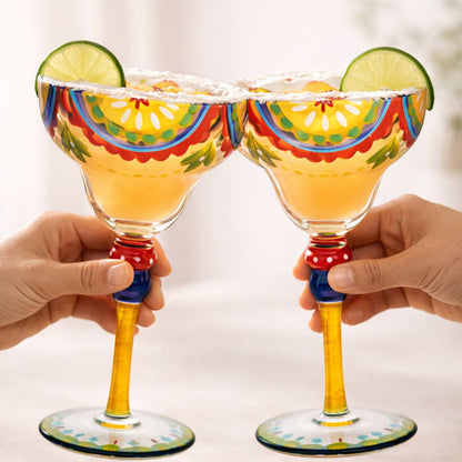 Hand Painted Margarita Glasses Moroccan Collection, Orange Blossom Design 270ML Set of 2, Artisan Decorative Cocktail Glassware, Unique Kitchen Table Décor Glasses