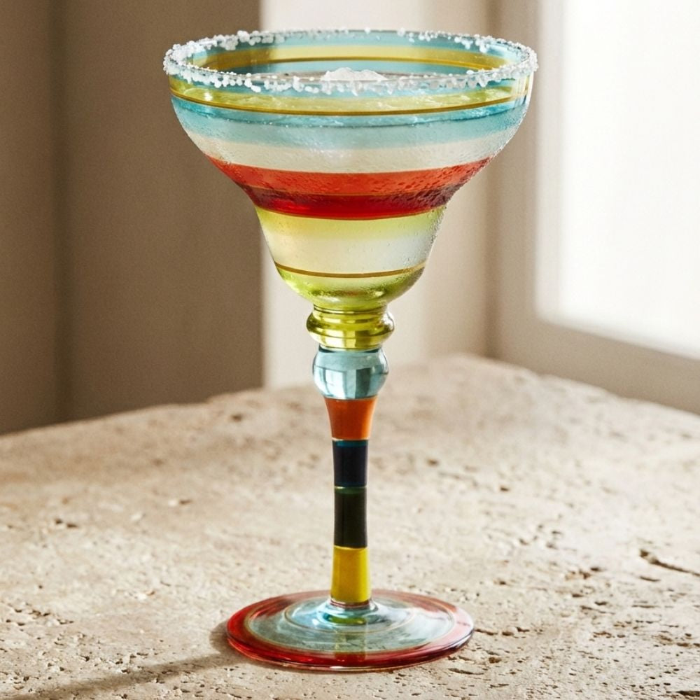 Hand Painted Margarita Glasses Moroccan Collection, 270ML Set of 2, Artisan Decorative Glassware with Blue Lines, Unique Cocktail & Margarita Glasses for Kitchen Table Décor
