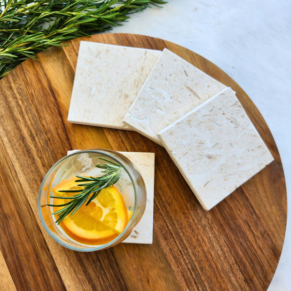 Natural Travertine Marble Coasters – Set of 4 (10x10cm) | Premium Travertine Marble Drink Coasters for Home & Office