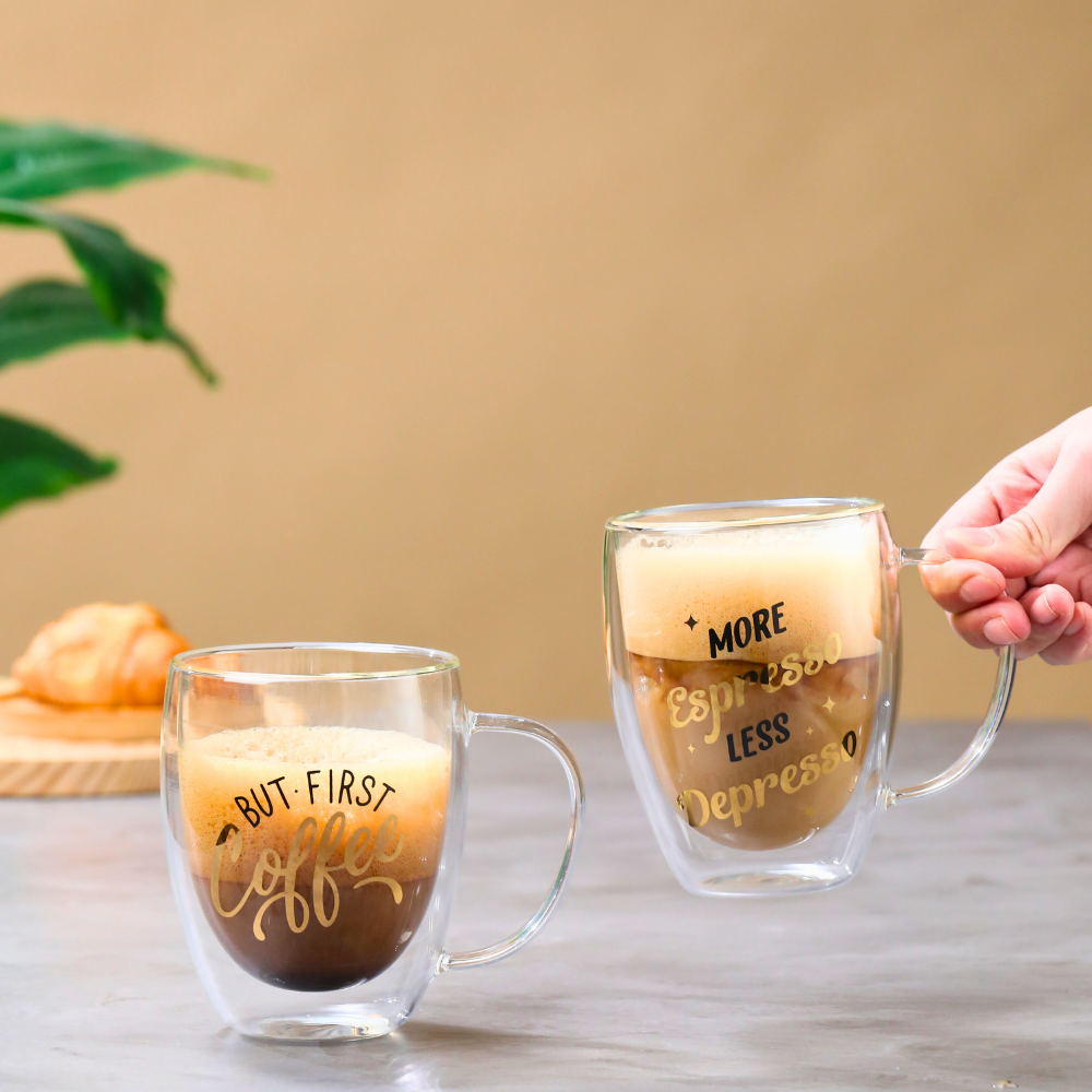 Double Wall Glass Mugs with Handle – "But First Coffee" & "More Espresso Less Depresso" Print – 350ml Heat-Resistant Insulated Cups – Set of 2 for Coffee, Tea, Hot & Cold Beverages
