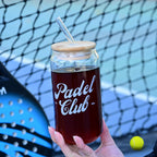 1CHASE Padel Club Sipper Glasses With Bamboo Lid & Glass Straw, 550ML (Set of 2) | Mason Jar Can-Shaped Tumblers | Printed Padel Club Sipper for Juice, Coffee, Iced Tea & Smoothies