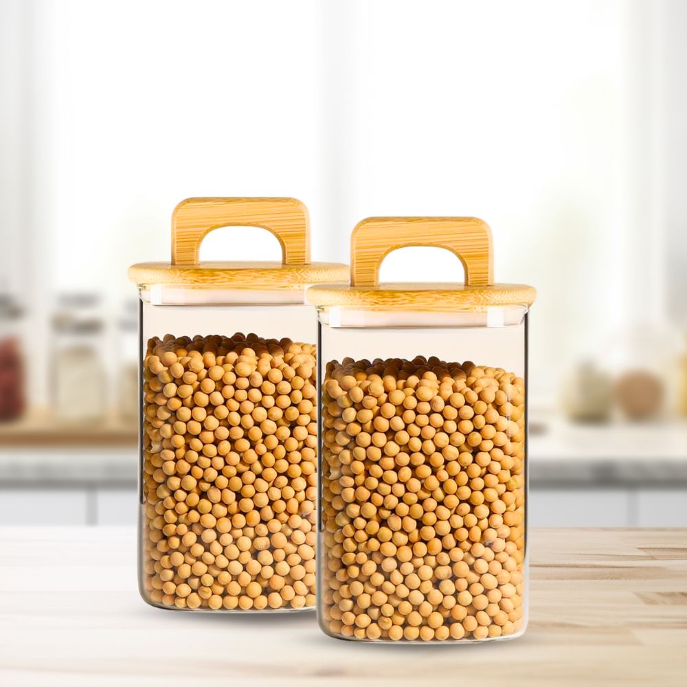 Square Glass Storage Jars with Acacia Wood Lids – Set of 2 (1100ml) Airtight Food Storage Containers with Handles for Pantry, Pasta, Oats, Flour, Cookies, Coffee, Rice & More