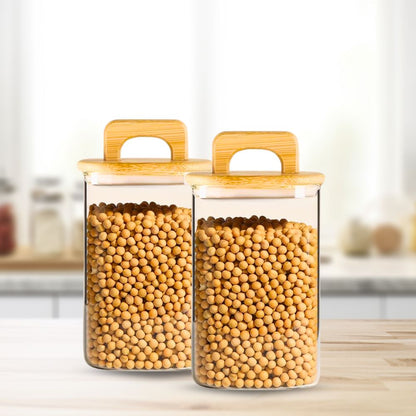 Square Glass Storage Jars with Acacia Wood Lids – Set of 2 (1100ml) Airtight Food Storage Containers with Handles for Pantry, Pasta, Oats, Flour, Cookies, Coffee, Rice & More