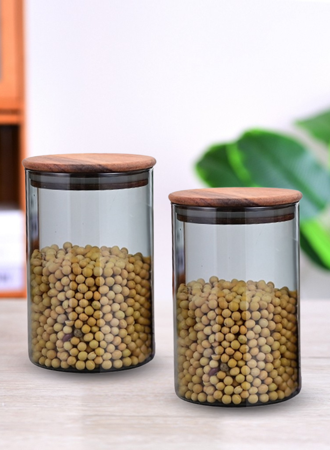 1Chase Borosilicate Glass Storage Jar Smoky Grey 900 ML - (Set of 2) | Airtight Food Container with Acacia Wooden Lid | Durable & Stylish Kitchen Storage