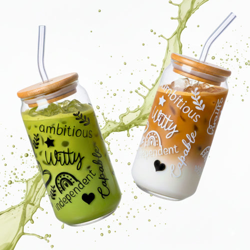 1CHASE Positive Quote Sipper Glass Set – 2 Pack 550ML Borosilicate Tumblers with Bamboo Lid & Reusable Straw – Spill-Resistant & Eco-Friendly