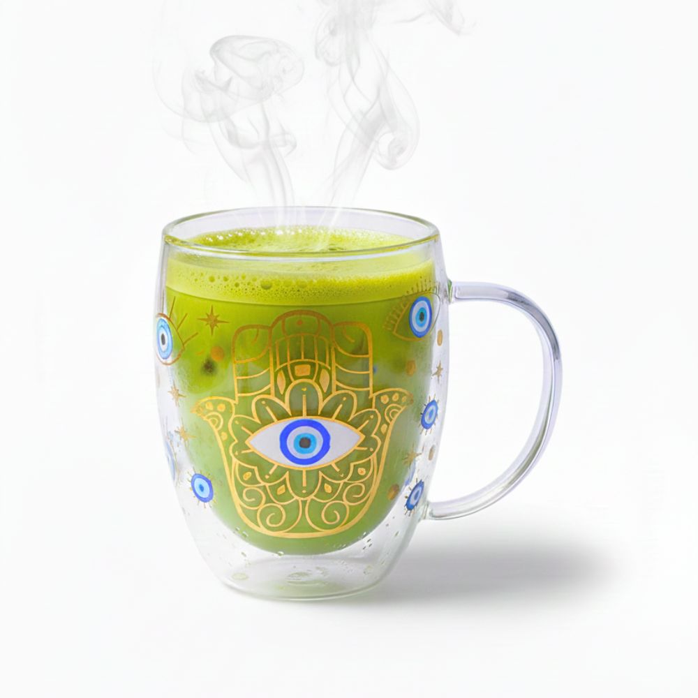 Evil Eye Double Wall Glass Coffee Mugs – 350ml, Set of 2 | Insulated Heat-Resistant Cups for Hot & Cold Beverages