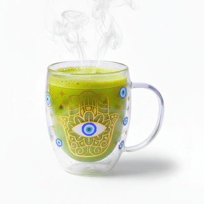 Evil Eye Double Wall Glass Coffee Mugs – 350ml, Set of 2 | Insulated Heat-Resistant Cups for Hot & Cold Beverages