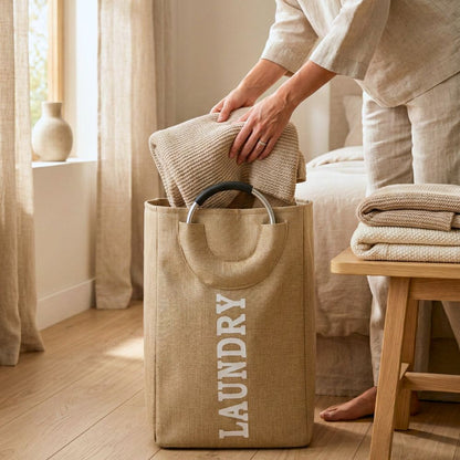 Foldable Laundry Basket with Handle, 30x20x50cm, 55Ltr, Large Capacity, Waterproof, Dirty Clothes Storage Bag, Space Saving, Beige