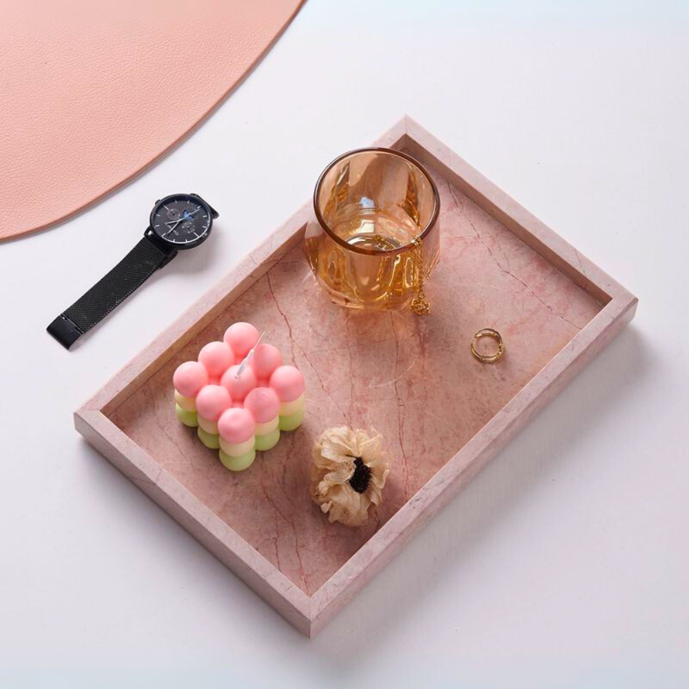 1Chase Natural Pink Marble Rectangular Tray – Elegant Serving Tray for Home Décor, Coffee Tables & Organizing Essentials