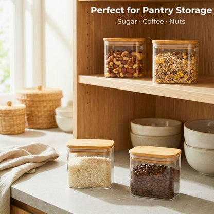 Rectangle Glass Storage Containers with Bamboo Lids – Set of 4, 900ml Borosilicate Glass Jars for Pantry Storage, Airtight Food Containers for Sugar, Coffee, Pasta, Tea, Candy & Nuts