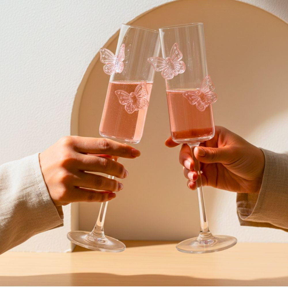 Pink Butterfly Champagne Flute Glasses 180ML – Set of 2
